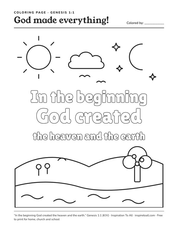 “God made everything!” coloring page, Genesis 1:1 printable preview