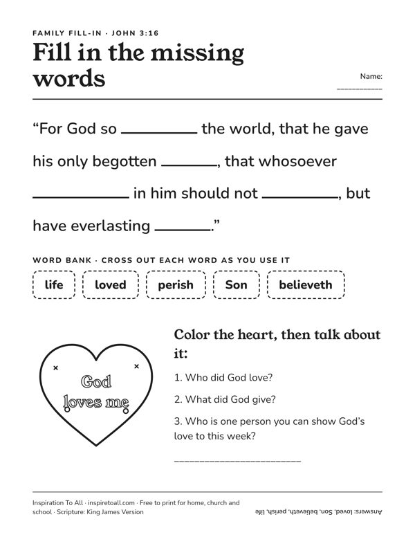 John 3:16 fill-in-the-blank, John 3:16 printable preview