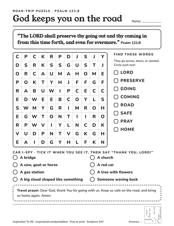 Road-trip word search and car I-spy, Psalm 121:8 printable preview
