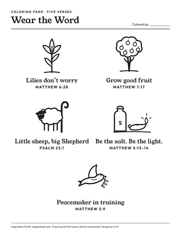 “Wear the Word” coloring page, Five favorite verses printable preview