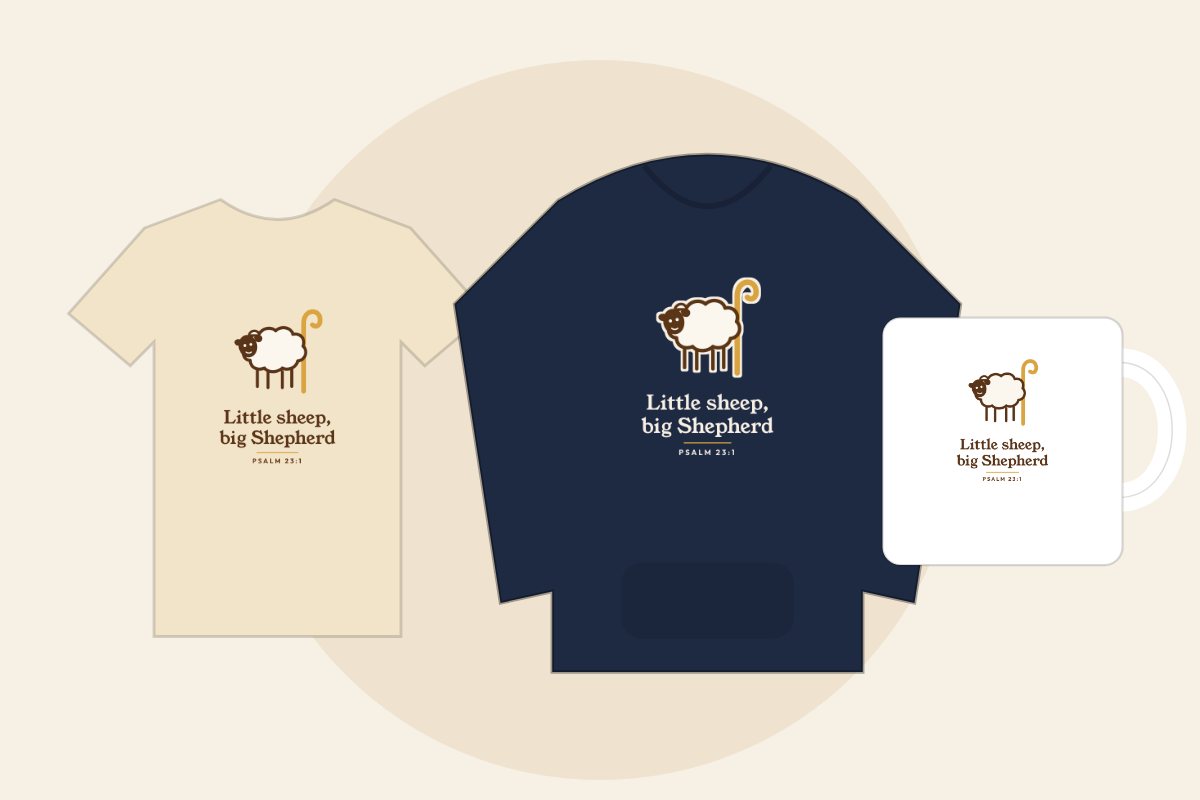Hand-drawn lamb and shepherd’s crook with the words Little sheep, big Shepherd, Psalm 23:1, on a cream kids tee, navy hoodie and white mug
