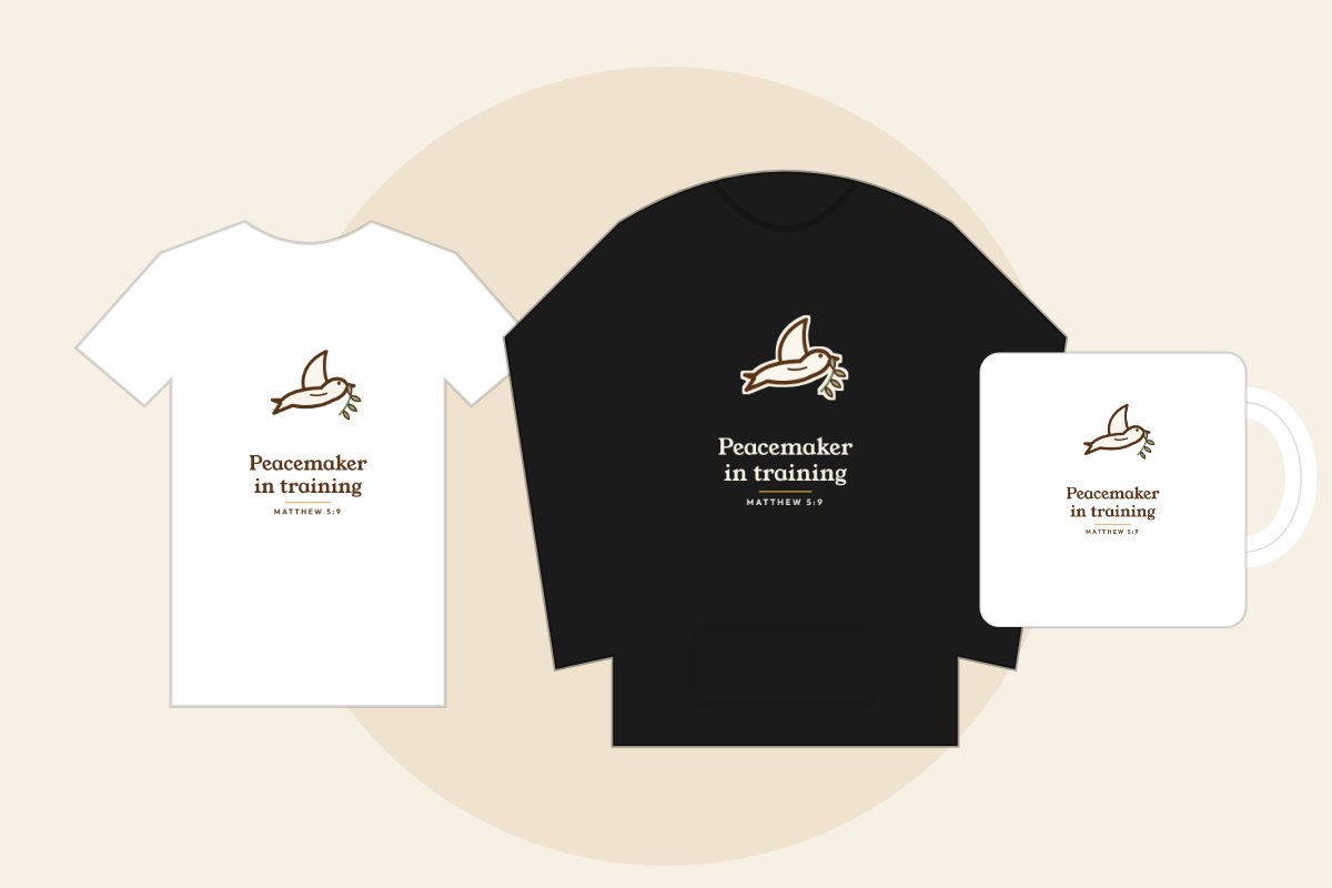 Hand-drawn dove with an olive branch and the words Peacemaker in training, Matthew 5:9, on a white kids tee, black hoodie and white mug